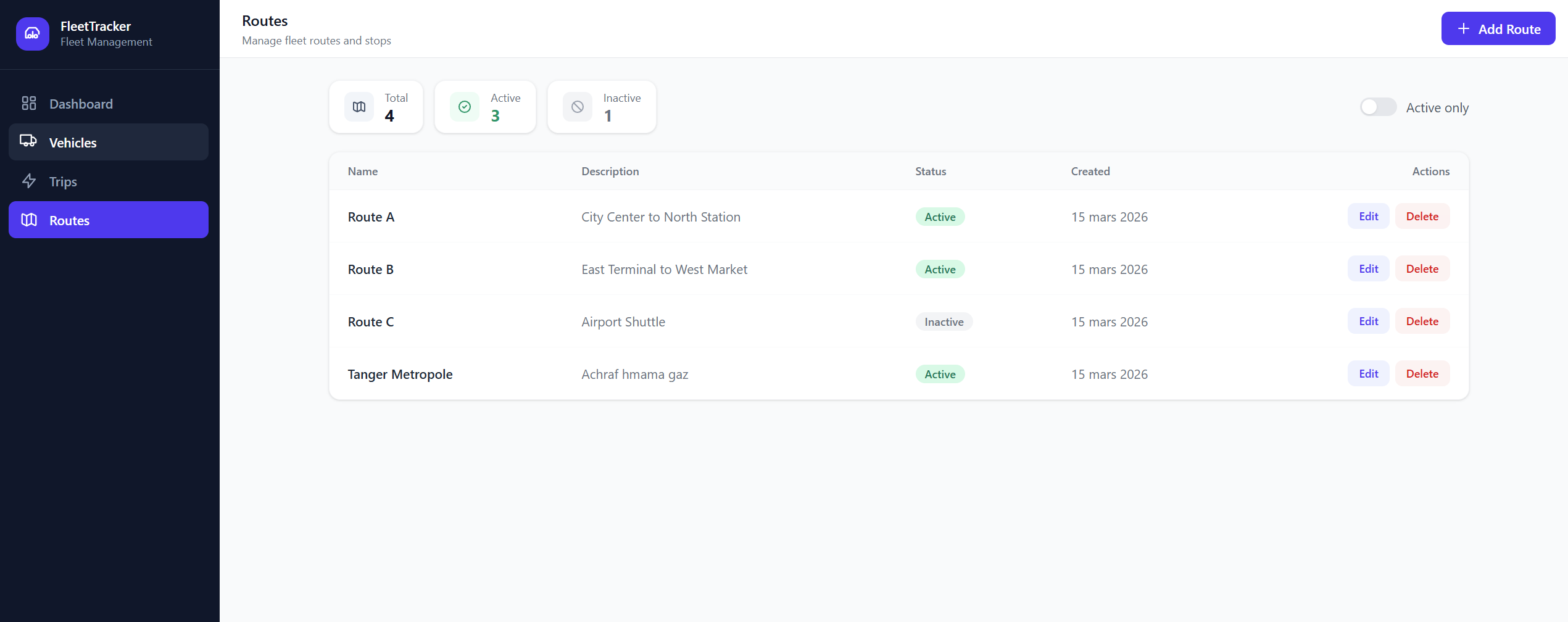 Page Routes — liste des routes avec statut Actif/Inactif et cartes récapitulatives